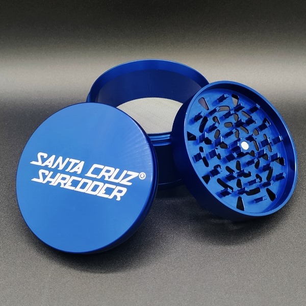 Blue three-piece Santa Cruz aluminum grinder
