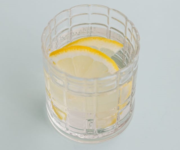 Water and lemon slices in short drinking glass